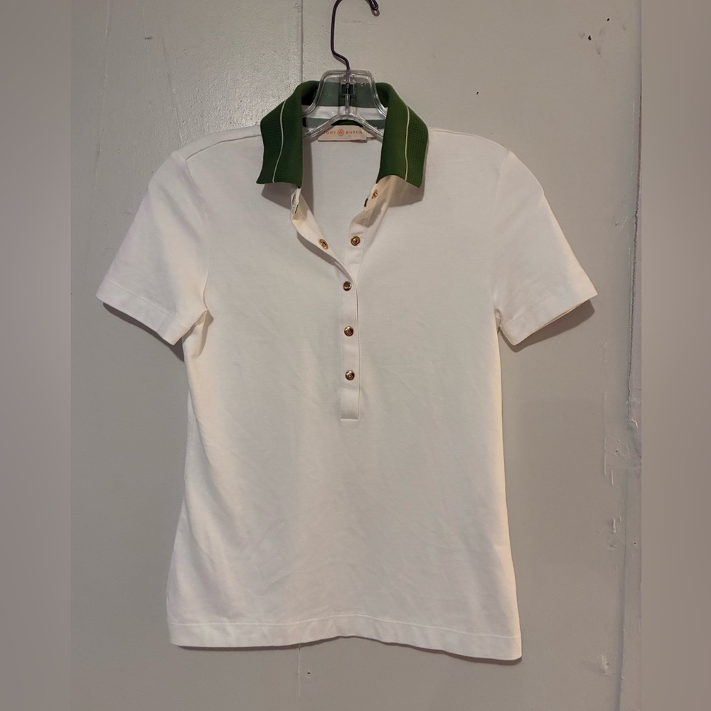 Tory Burch White Polo Shirt with Green Collar